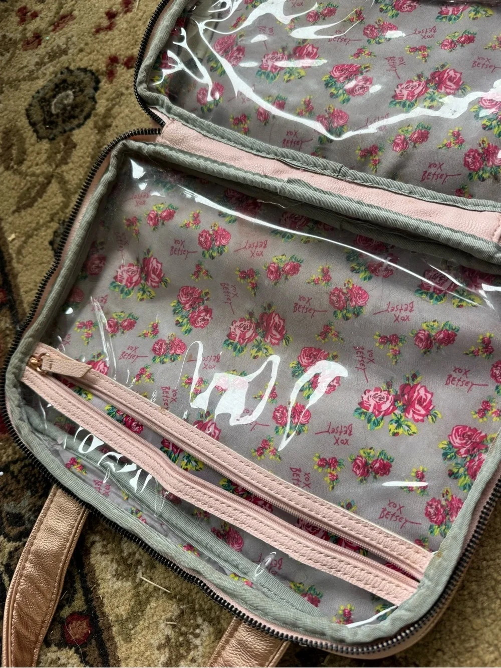 Betsey Johnson Pink Rose Gold Floral Bow Travel Cosmetic Bag